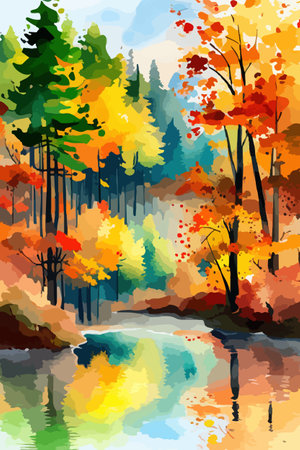 Watercolor landscape. Autumn forest on the lake shore vector illustration autumnal trees on the shore of calm forestのイラスト素材