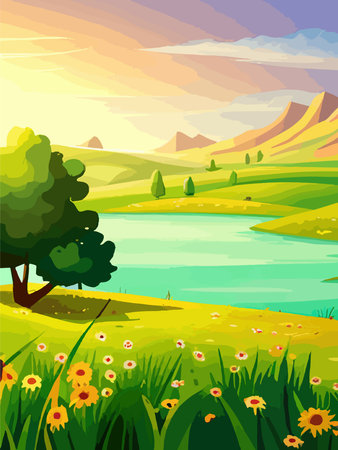 View of a green meadow on the hills with blue sky, vector cartoon spring or summer landscape, panoramic rural mountainのイラスト素材