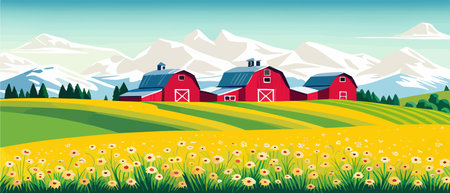 Landscape of green fields of farmland, barns and farms, rural houses. Vector grassland with buildings, green grassのイラスト素材
