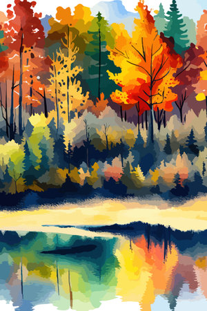Watercolor landscape. Autumn forest on the lake shore vector illustration autumnal trees on the shore of calm forestのイラスト素材