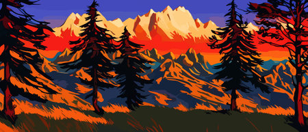 Vector autumn horizontal landscape with fog, forest, spruce, fir and morning sunlight. Autumn season Silhouette, fogのイラスト素材