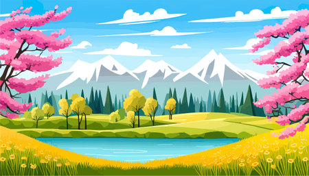 Nature and landscape. Vector illustration of trees, forest, mountains, flowers, plants, field. Picture for backgroundのイラスト素材