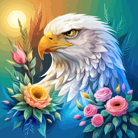Stunning illustration of an eagle with a floral ornament. Multicolored surreal elements. close-up vector illustration.のイラスト素材