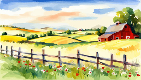 Farm scene with red barn dirt road and farm with red barn wildflowers, spring landscape. Vector illustration Farmのイラスト素材