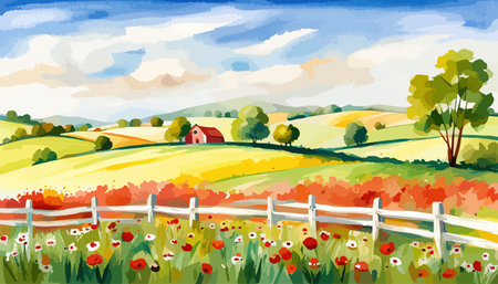 Farm scene with red barn dirt road and farm with red barn wildflowers, spring landscape. Vector illustration Farmのイラスト素材