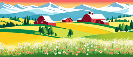 Landscape of green fields of farmland, barns and farms, rural houses. Vector grassland with buildings, green grassのイラスト素材