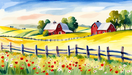 Farm scene with red barn dirt road and farm with red barn wildflowers, spring landscape. Vector illustration Farmのイラスト素材