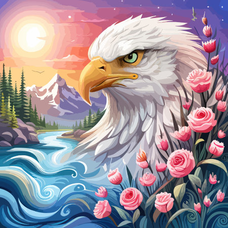 Stunning illustration of an eagle with a floral ornament. Multicolored surreal elements. close-up vector illustration.のイラスト素材