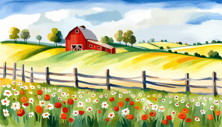 Farm scene with red barn dirt road and farm with red barn wildflowers, spring landscape. Vector illustration Farmのイラスト素材