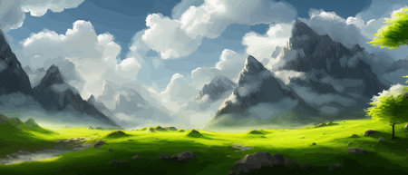 Flat natural view of green plants, flowers and mountains. Spring landscape. Spring landscape in green field colorfulのイラスト素材