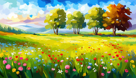 Oil painting wild flowers, cornflower, chamomile fields.のイラスト素材