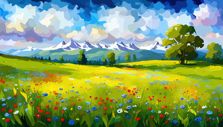 Oil painting wild flowers, cornflower, chamomile fields.のイラスト素材