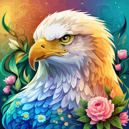 Stunning illustration of an eagle with a floral ornament. Multicolored surreal elements. close-up vector illustration.のイラスト素材