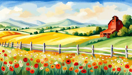 Farm scene with red barn dirt road and farm with red barn wildflowers, spring landscape. Vector illustration Farmのイラスト素材