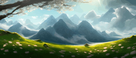 Flat natural view of green plants, flowers and mountains. Spring landscape. Spring landscape in green field colorfulのイラスト素材