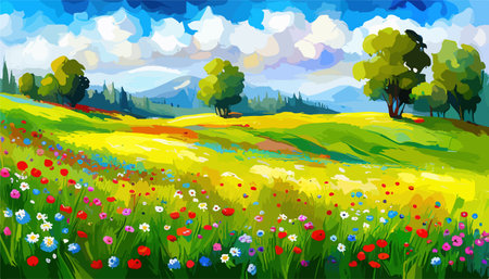 Oil painting wild flowers, cornflower, chamomile fields.のイラスト素材