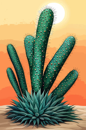 Cactus garden with a variety of succulents, cacti and other desert plants, with a blooming desert roseのイラスト素材