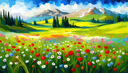 Oil painting wild flowers, cornflower, chamomile fields.のイラスト素材