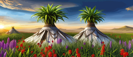 Beautiful enchanted landscape. Fantasy garden background. Magic meadow with spring blooming trees. Round frameのイラスト素材