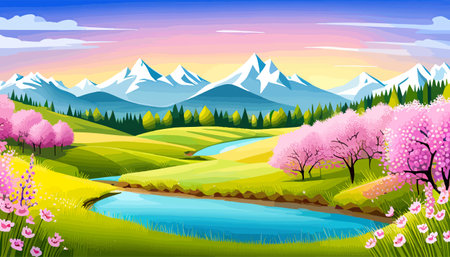 Nature and landscape. Vector illustration of trees, forest, mountains, flowers, plants, field. Picture for backgroundのイラスト素材