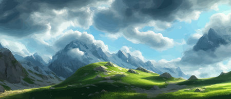 Flat natural view of green plants, flowers and mountains. Spring landscape. Spring landscape in green field colorfulのイラスト素材