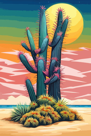 Cactus garden with a variety of succulents, cacti and other desert plants, with a blooming desert roseのイラスト素材