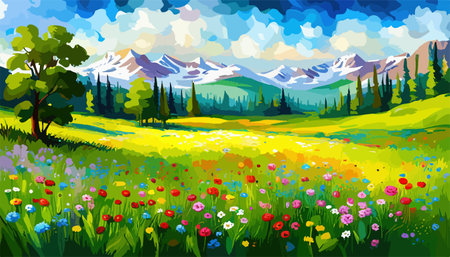 Oil painting wild flowers, cornflower, chamomile fields.のイラスト素材