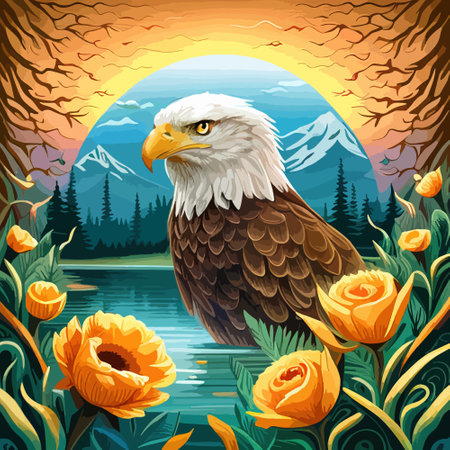 Stunning illustration of an eagle with a floral ornament. Multicolored surreal elements. close-up vector illustration.のイラスト素材