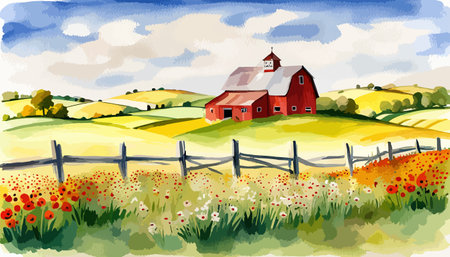 Farm scene with red barn dirt road and farm with red barn wildflowers, spring landscape. Vector illustration Farmのイラスト素材