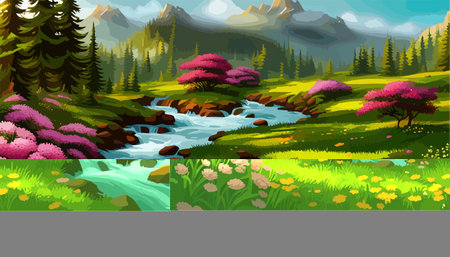 Vector illustration of a landscape with a field of blooming bright flowers, distant misty mountains on the horizonの写真素材