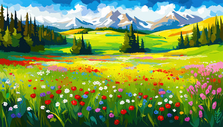 Oil painting wild flowers, cornflower, chamomile fields.のイラスト素材