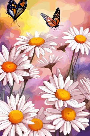 Field spring wildflowers chamomile close-up with flying butterflies, illuminated in the morning, vector illustrationのイラスト素材