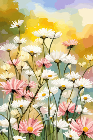 Field spring wildflowers chamomile close-up with flying butterflies, illuminated in the morning, vector illustrationの写真素材