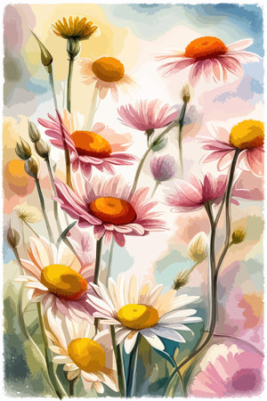 Field spring wildflowers chamomile close-up with flying butterflies, illuminated in the morning, vector illustrationのイラスト素材