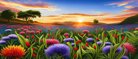 Beautiful enchanted landscape. Fantasy garden background. Magic meadow with spring blooming trees. Round frameのイラスト素材
