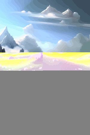 Flat natural view of green plants, flowers and mountains. spring landscape. spring landscape in green field colorfulのイラスト素材