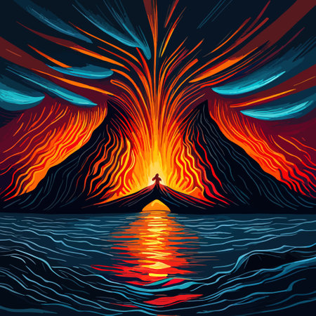Volcano crater eruption with red-hot glowing magma, active volcanic explosion with lava, splashes, rocks, flashesのイラスト素材