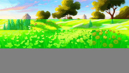 Vector illustration of a landscape with a field of blooming bright flowers, distant misty mountains on the horizonのイラスト素材