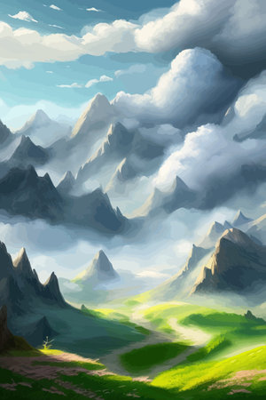Flat natural view of green plants, flowers and mountains. spring landscape. spring landscape in green field colorfulのイラスト素材