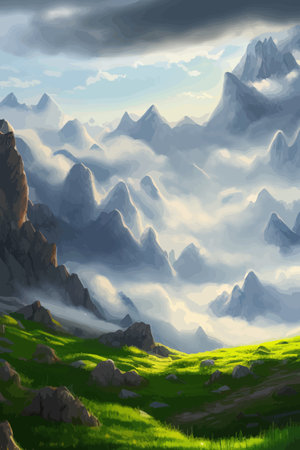 Flat natural view of green plants, flowers and mountains. spring landscape. spring landscape in green field colorfulのイラスト素材