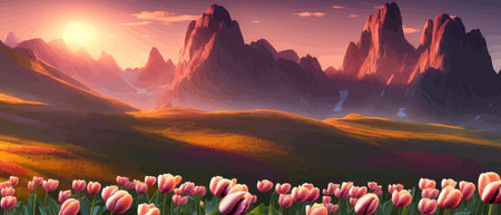 Field of tulips against the backdrop of mountains. Spring banner vector illustration. huge field of colorful tulips.のイラスト素材