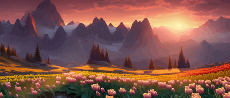 Field of tulips against the backdrop of mountains. Spring banner vector illustration. huge field of colorful tulips.のイラスト素材