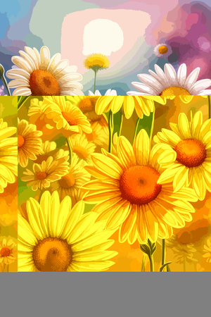 Field spring wildflowers chamomile close-up with flying butterflies, illuminated in the morning, vector illustrationのイラスト素材