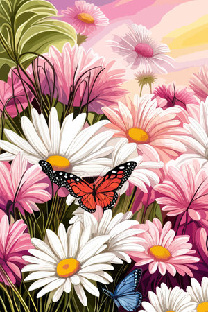 Field spring wildflowers chamomile close-up with flying butterflies, illuminated in the morning, vector illustrationのイラスト素材