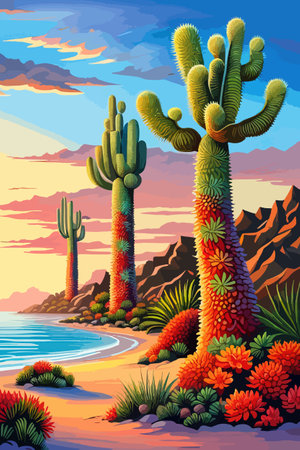 Cactus garden with a variety of succulents, cacti and other desert plants, with a blooming desert roseのイラスト素材