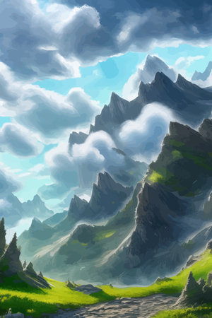 Flat natural view of green plants, flowers and mountains. spring landscape. spring landscape in green field colorfulのイラスト素材
