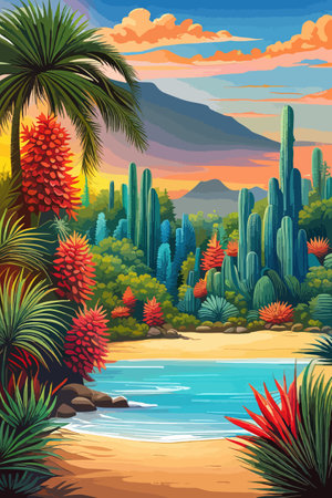 Cactus garden with a variety of succulents, cacti and other desert plants, with a blooming desert roseのイラスト素材
