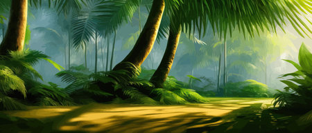 Tropical vintage botanical landscape, palm tree, vegetable flower border background. Exotic green jungle backgroundのイラスト素材