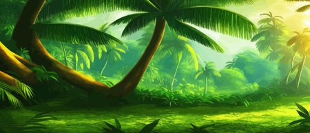 Tropical vintage botanical landscape, palm tree, vegetable flower border background. Exotic green jungle backgroundのイラスト素材