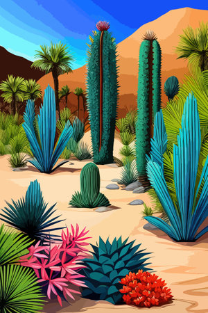 Cactus garden with a variety of succulents, cacti and other desert plants, with a blooming desert roseのイラスト素材